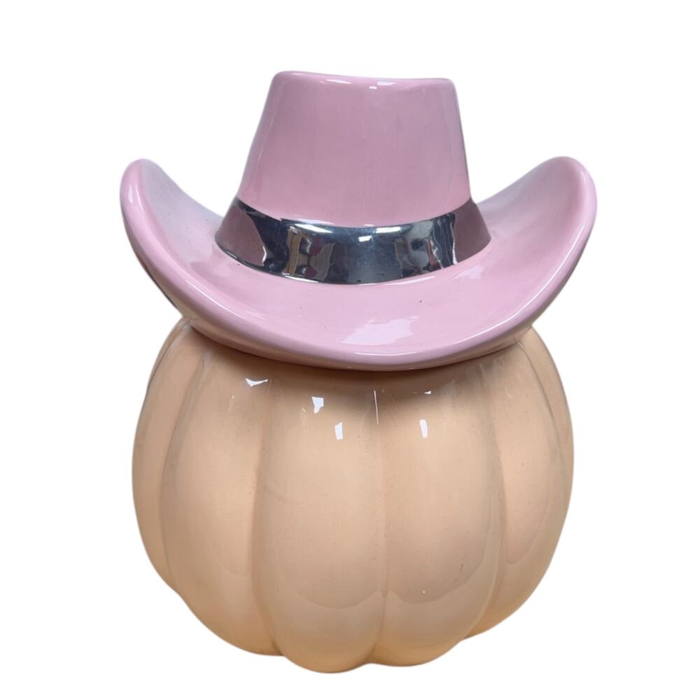 Pink Cowboy Hat Pumpkin Ceramic Canister Jack O Lantern Western Halloween Decor - Picture 4 of 6